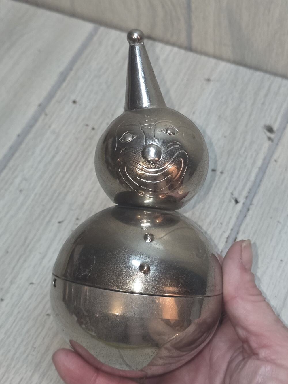Vintage 60s Tipsy Clown Bank Silver Toned Metal with Weighted Bottom by Raimond